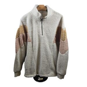 Maurices Womens‎ Sherpa Fleece Quarter Zip Pullover Chevron Colorblock Cream L